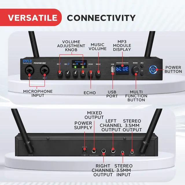 Alt view image 5 of 7 - Digital Wireless Microphone System with Bluetooth - Includes 2 Dynamic UHF Handheld Mics, Portable Long-Range Receiver w/Built-in Echo Effect - for Live Pro Audio, Karaoke, Studio - PDWM813BK