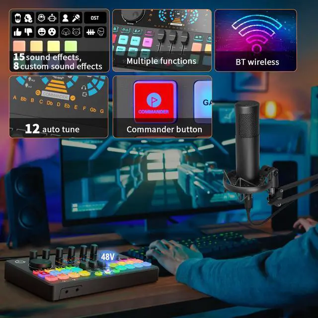 Alt view image 6 of 7 - Podcast Equipment Bundle for 2, Audio Interface with Condenser Microphone, Voice Change, DJ Mixer for Streaming, Podcast Recording COMMANDER M100 3rd
