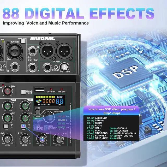Alt view image 3 of 7 - USB interface Audio 7 Channel Mixer With Effects 88 Dsp Digital DJ Mixing Board Bluetooth Music Player 48v Line For Condenser Mic Audio Mixer to PC/Phone For Karaoke Record Livestream