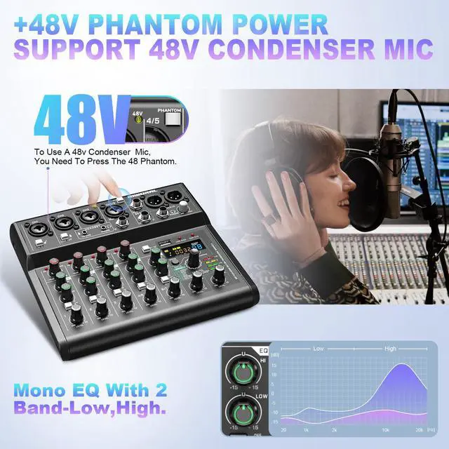 Alt view image 4 of 7 - USB interface Audio 7 Channel Mixer With Effects 88 Dsp Digital DJ Mixing Board Bluetooth Music Player 48v Line For Condenser Mic Audio Mixer to PC/Phone For Karaoke Record Livestream