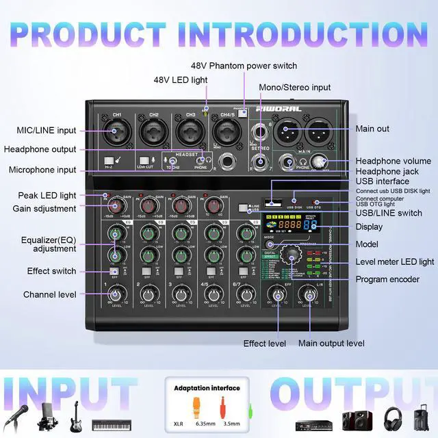 Alt view image 2 of 7 - USB interface Audio 7 Channel Mixer With Effects 88 Dsp Digital DJ Mixing Board Bluetooth Music Player 48v Line For Condenser Mic Audio Mixer to PC/Phone For Karaoke Record Livestream