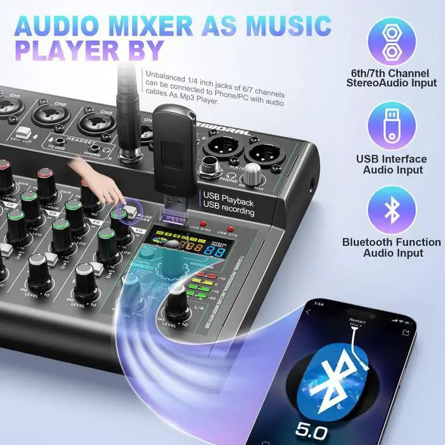 Alt view image 5 of 7 - USB interface Audio 7 Channel Mixer With Effects 88 Dsp Digital DJ Mixing Board Bluetooth Music Player 48v Line For Condenser Mic Audio Mixer to PC/Phone For Karaoke Record Livestream