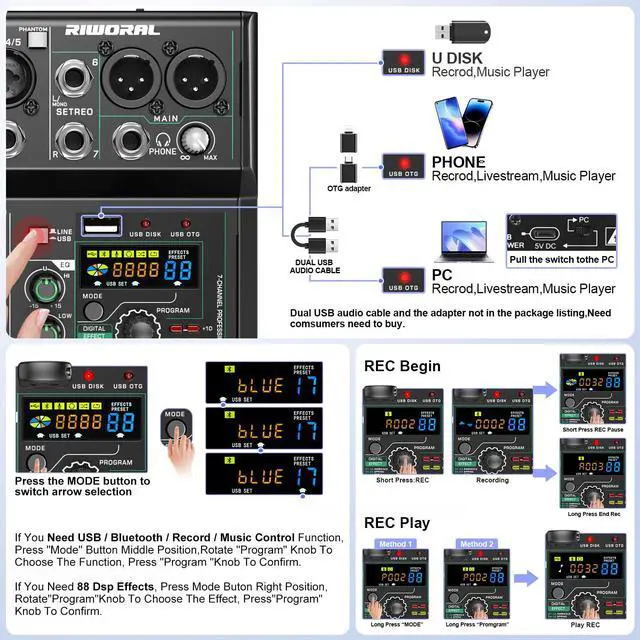 Alt view image 7 of 7 - USB interface Audio 7 Channel Mixer With Effects 88 Dsp Digital DJ Mixing Board Bluetooth Music Player 48v Line For Condenser Mic Audio Mixer to PC/Phone For Karaoke Record Livestream