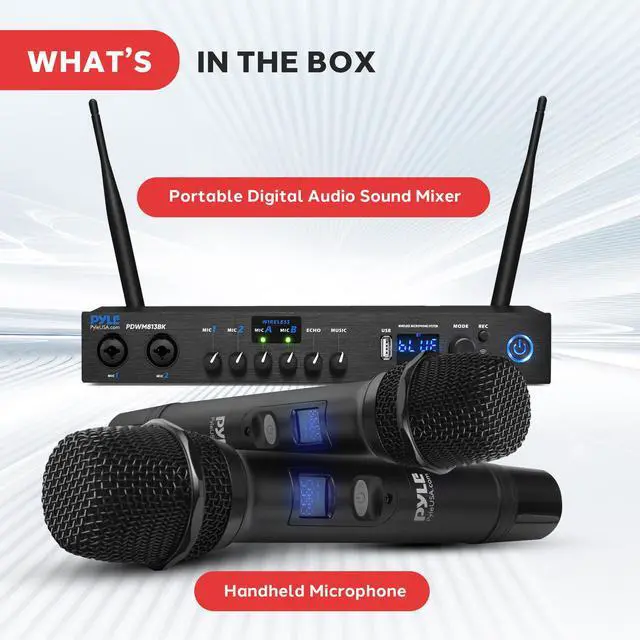 Alt view image 7 of 7 - Digital Wireless Microphone System with Bluetooth - Includes 2 Dynamic UHF Handheld Mics, Portable Long-Range Receiver w/Built-in Echo Effect - for Live Pro Audio, Karaoke, Studio - PDWM813BK