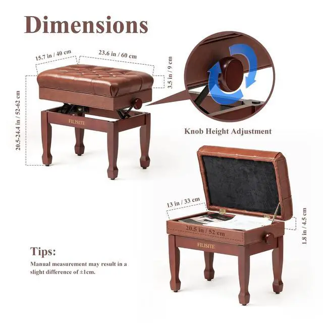 Alt view image 3 of 7 - Genuine Leather Adjustable Piano Bench with Storage Compartment, Heavy Duty Solid Wooden Keyboard Stool with Padded Cushion Seat (Brown)
