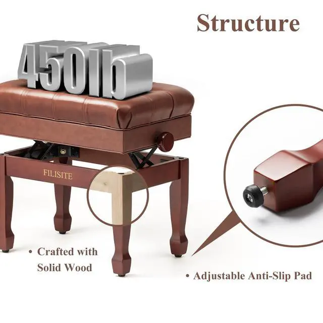 Alt view image 6 of 7 - Genuine Leather Adjustable Piano Bench with Storage Compartment, Heavy Duty Solid Wooden Keyboard Stool with Padded Cushion Seat (Brown)