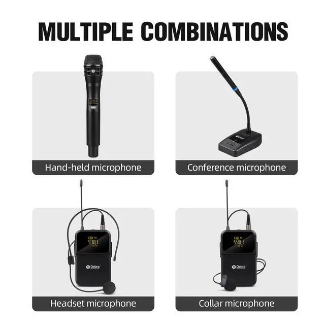 Alt view image 7 of 7 - Audio Pro DU4004 UHF 4 Channel Wireless Microphone System with Lavalier Headset Mics, Ideal for Meeting Church Speech (4 Bodypack)