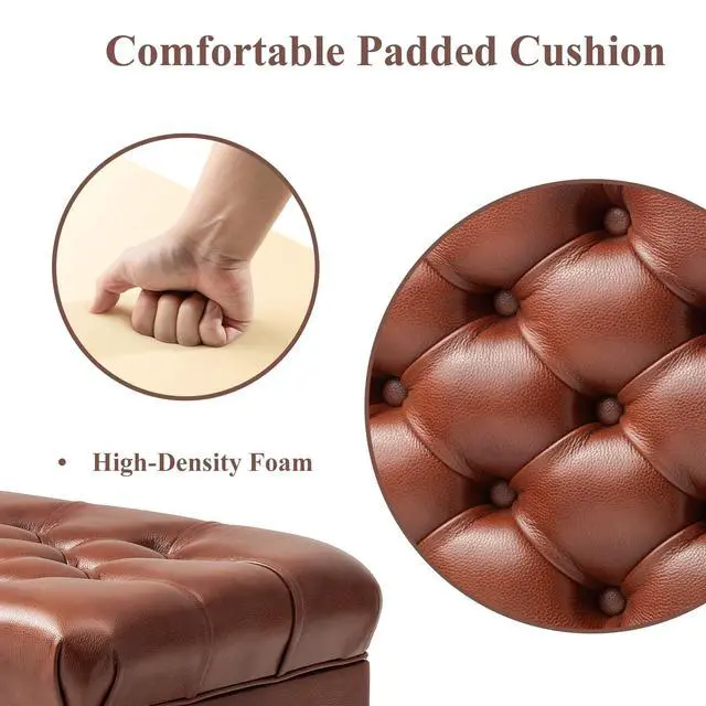 Alt view image 5 of 7 - Genuine Leather Adjustable Piano Bench with Storage Compartment, Heavy Duty Solid Wooden Keyboard Stool with Padded Cushion Seat (Brown)