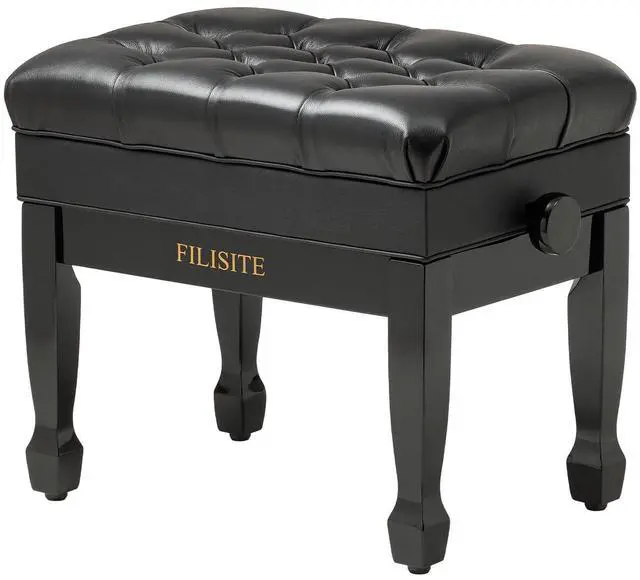 Main image of Genuine Leather Adjustable Piano Bench with Storage Compartment, Heavy Duty Solid Wooden Keyboard Stool with Padded Cushion Seat (Black)