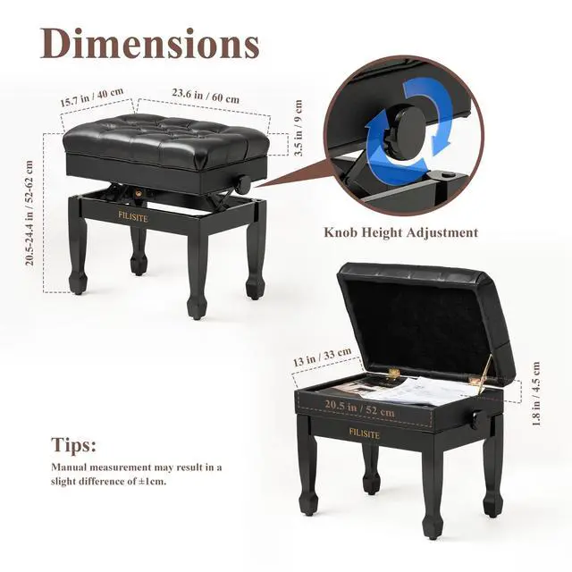 Alt view image 3 of 7 - Genuine Leather Adjustable Piano Bench with Storage Compartment, Heavy Duty Solid Wooden Keyboard Stool with Padded Cushion Seat (Black)