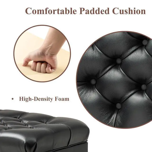 Alt view image 5 of 7 - Genuine Leather Adjustable Piano Bench with Storage Compartment, Heavy Duty Solid Wooden Keyboard Stool with Padded Cushion Seat (Black)