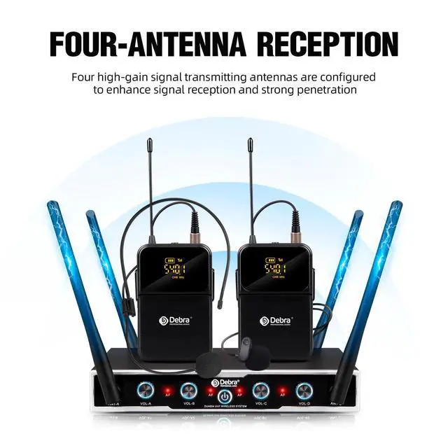 Alt view image 4 of 7 - Audio Pro DU4004 UHF 4 Channel Wireless Microphone System with Lavalier Headset Mics, Ideal for Meeting Church Speech (4 Bodypack)