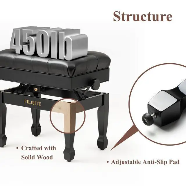 Alt view image 6 of 7 - Genuine Leather Adjustable Piano Bench with Storage Compartment, Heavy Duty Solid Wooden Keyboard Stool with Padded Cushion Seat (Black)