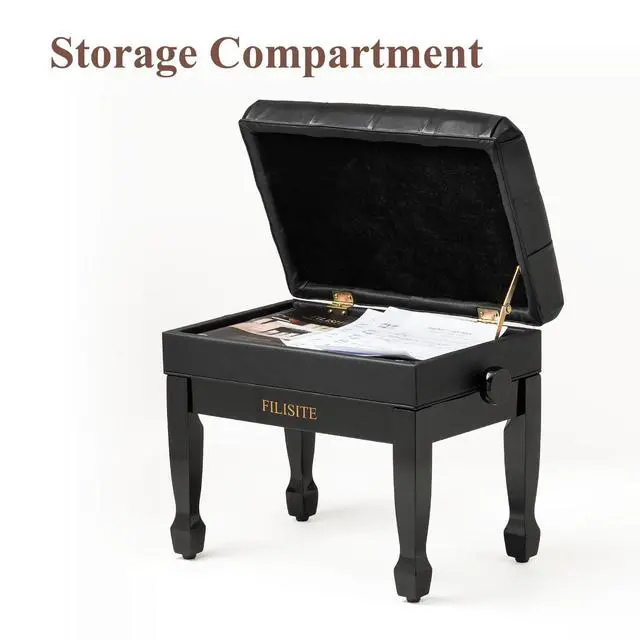Alt view image 7 of 7 - Genuine Leather Adjustable Piano Bench with Storage Compartment, Heavy Duty Solid Wooden Keyboard Stool with Padded Cushion Seat (Black)