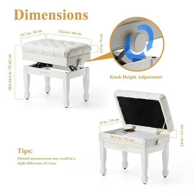 Alt view image 3 of 7 - Genuine Leather Adjustable Piano Bench with Padded Cushion Seat Heavy Duty Wooden XHJ-7G (White)