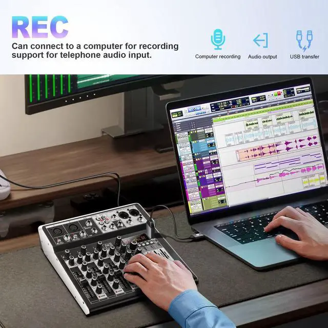 Alt view image 6 of 7 - 4 Channel Audio Interfacer DJ Mixer Sound Board 16-Bit DSP Effect USB Audio Mixer Effects +48V Phantom Bluetooth for Karaoke Studio Streaming Recording,Live Streaming
