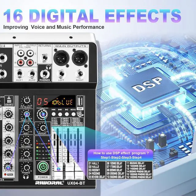 Alt view image 5 of 7 - 4 Channel Audio Interfacer DJ Mixer Sound Board 16-Bit DSP Effect USB Audio Mixer Effects +48V Phantom Bluetooth for Karaoke Studio Streaming Recording,Live Streaming