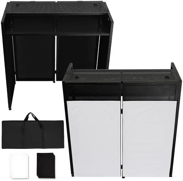 Main image of DJ Facade Booth with Double Top Desktop,DJ Booth Table Station | Black & White Scrims, Detachable DJ Table, Carrying Bag, Foldable Metal Frame DJ Booth Panel for Show, Wedding, Clubs