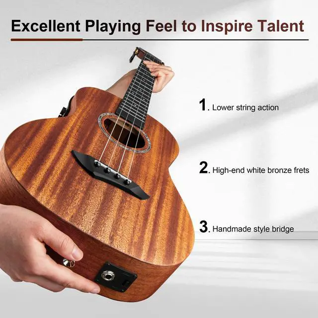 Alt view image 4 of 7 - CB402 Baritone Electric All Solid Mahogany Wood Ukulele | 30'' Instrument Kit Small Hawaiian Guitar Beginner Starter Pack Bundle Gig bag, Strap, String Set