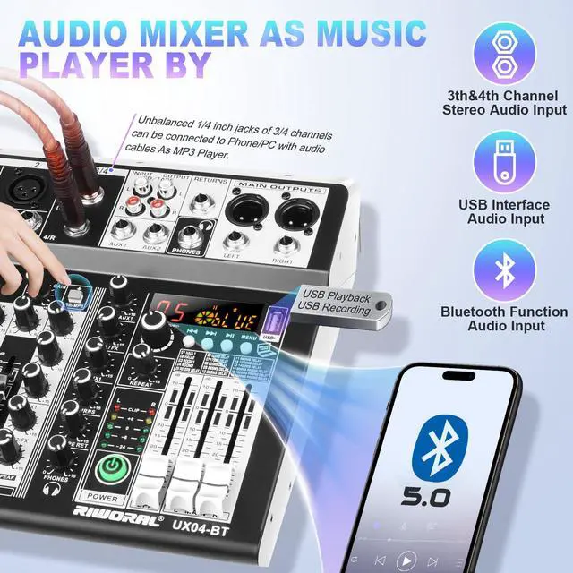 Alt view image 3 of 7 - 4 Channel Audio Interfacer DJ Mixer Sound Board 16-Bit DSP Effect USB Audio Mixer Effects +48V Phantom Bluetooth for Karaoke Studio Streaming Recording,Live Streaming