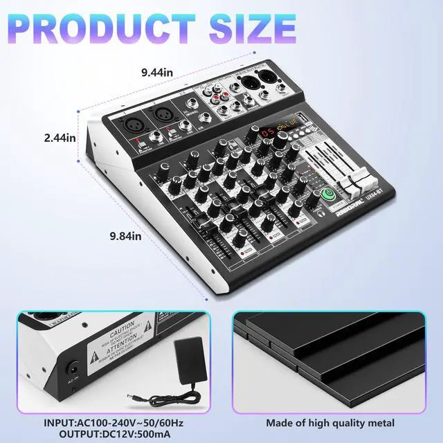 Alt view image 7 of 7 - 4 Channel Audio Interfacer DJ Mixer Sound Board 16-Bit DSP Effect USB Audio Mixer Effects +48V Phantom Bluetooth for Karaoke Studio Streaming Recording,Live Streaming