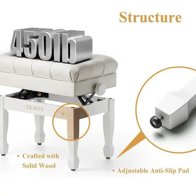 Alt view image 6 of 7 - Genuine Leather Adjustable Piano Bench with Padded Cushion Seat Heavy Duty Wooden XHJ-7G (White)