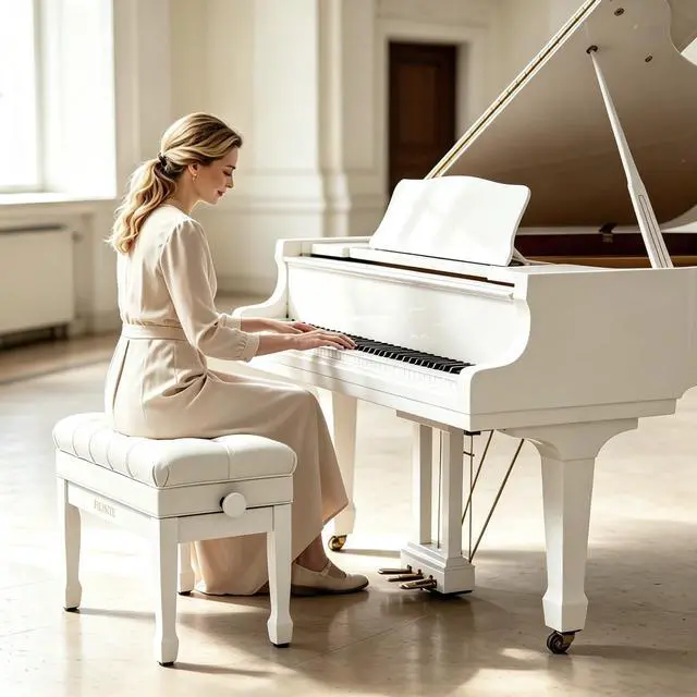 Alt view image 2 of 7 - Genuine Leather Adjustable Piano Bench with Padded Cushion Seat Heavy Duty Wooden XHJ-7G (White)