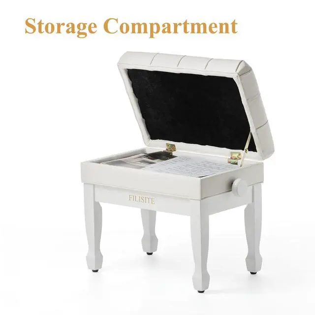 Alt view image 7 of 7 - Genuine Leather Adjustable Piano Bench with Padded Cushion Seat Heavy Duty Wooden XHJ-7G (White)