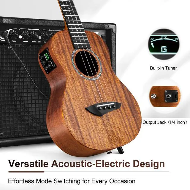 Alt view image 6 of 7 - CB402 Baritone Electric All Solid Mahogany Wood Ukulele | 30'' Instrument Kit Small Hawaiian Guitar Beginner Starter Pack Bundle Gig bag, Strap, String Set