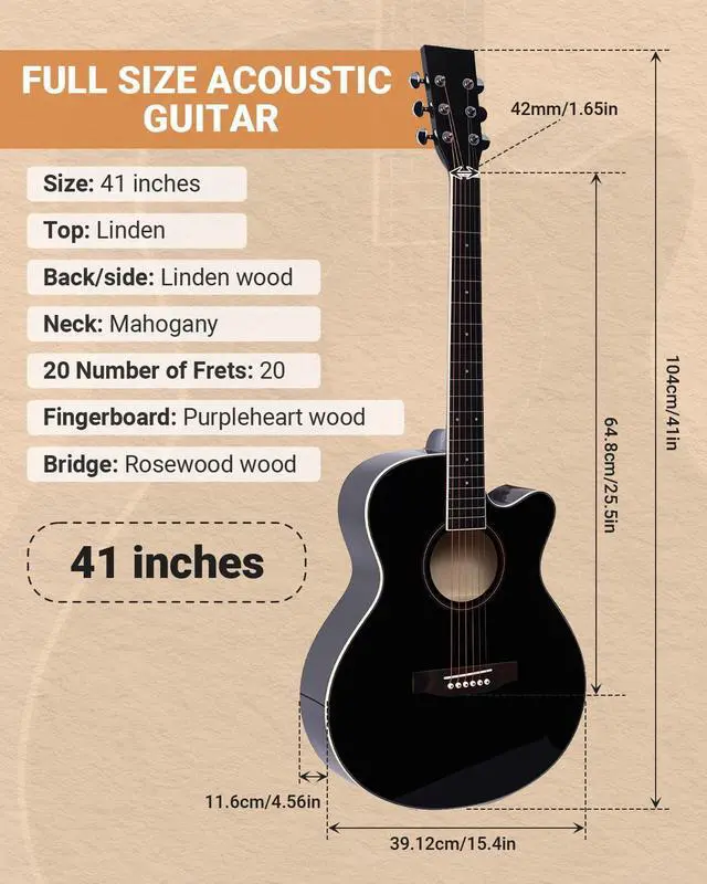 Alt view image 2 of 7 - 41" Acoustic Guitar for Beginners Adult Full Size Cutaway Guitarra Acustica Bundle with Gig Bag, Tuner, Strap, Strings, Picks,Capo, Black
