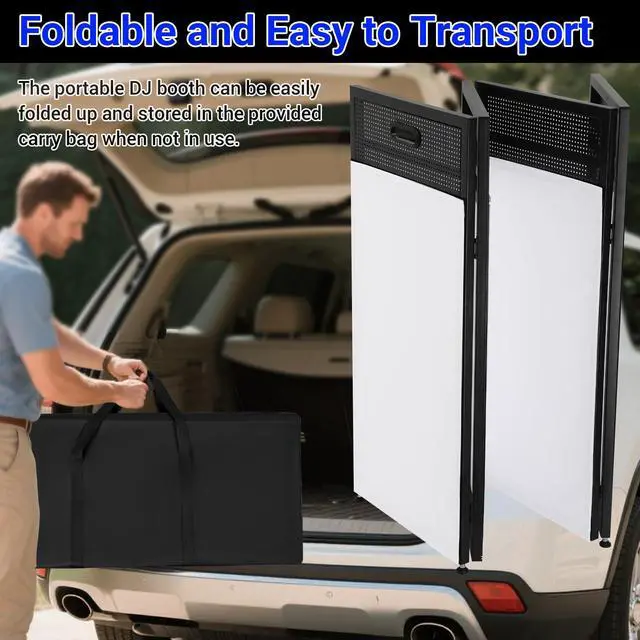 Alt view image 3 of 7 - DJ Facade Booth with Double Top Desktop,DJ Booth Table Station | Black & White Scrims, Detachable DJ Table, Carrying Bag, Foldable Metal Frame DJ Booth Panel for Show, Wedding, Clubs