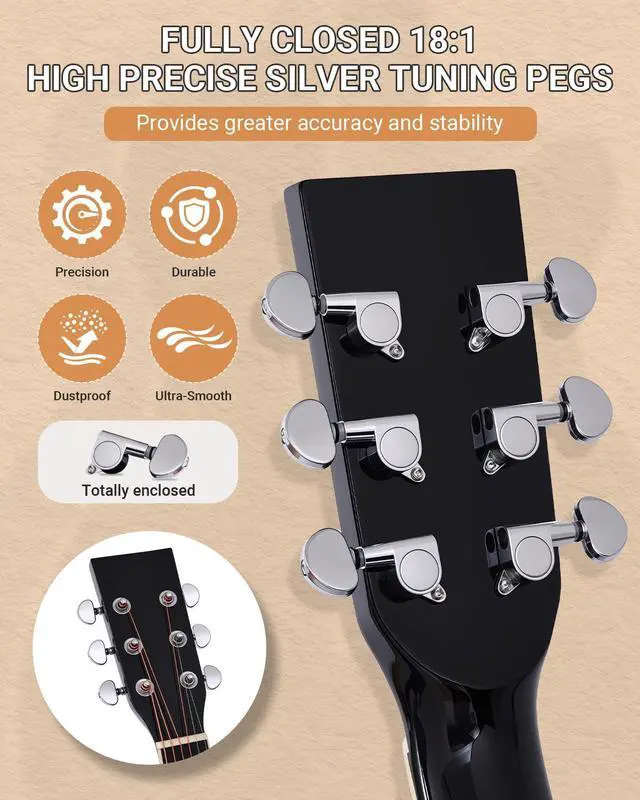 Alt view image 3 of 7 - 41" Acoustic Guitar for Beginners Adult Full Size Cutaway Guitarra Acustica Bundle with Gig Bag, Tuner, Strap, Strings, Picks,Capo, Black