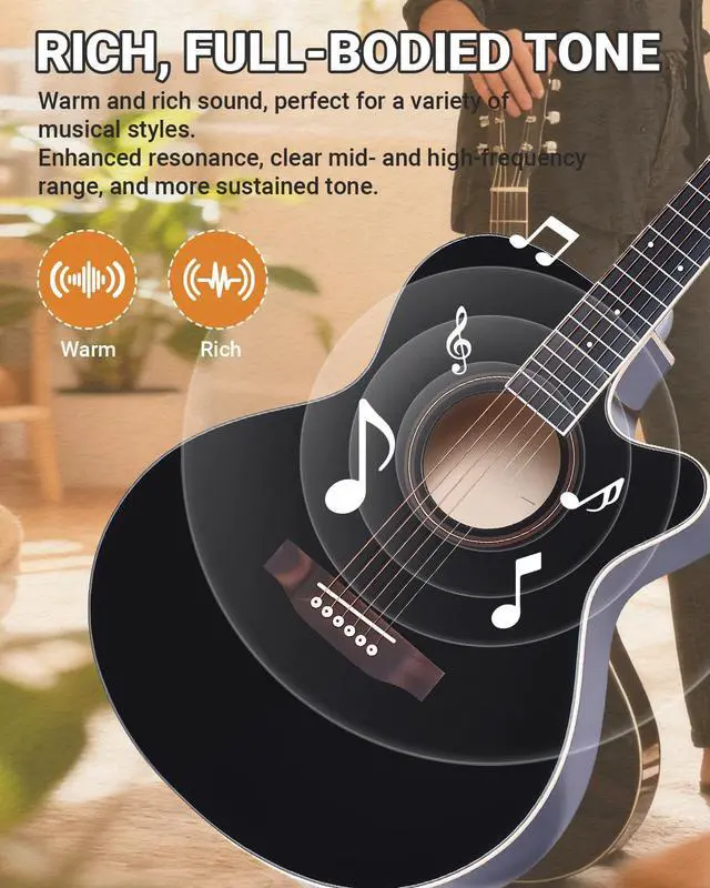 Alt view image 4 of 7 - 41" Acoustic Guitar for Beginners Adult Full Size Cutaway Guitarra Acustica Bundle with Gig Bag, Tuner, Strap, Strings, Picks,Capo, Black
