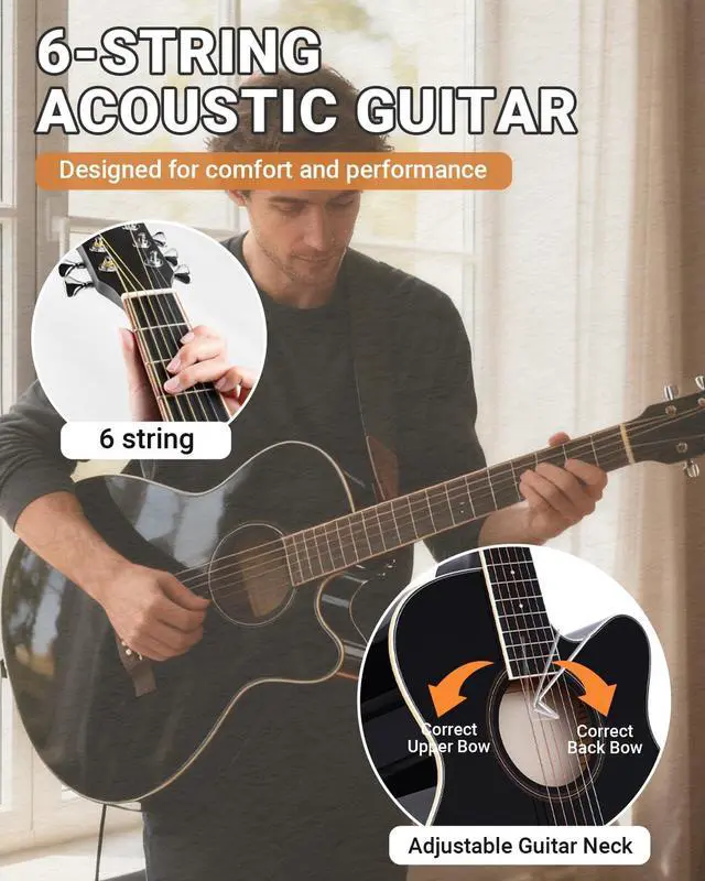 Alt view image 6 of 7 - 41" Acoustic Guitar for Beginners Adult Full Size Cutaway Guitarra Acustica Bundle with Gig Bag, Tuner, Strap, Strings, Picks,Capo, Black