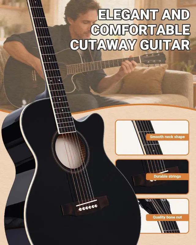 Alt view image 5 of 7 - 41" Acoustic Guitar for Beginners Adult Full Size Cutaway Guitarra Acustica Bundle with Gig Bag, Tuner, Strap, Strings, Picks,Capo, Black