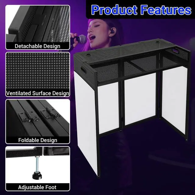 Alt view image 5 of 7 - DJ Facade Booth with Double Top Desktop,DJ Booth Table Station | Black & White Scrims, Detachable DJ Table, Carrying Bag, Foldable Metal Frame DJ Booth Panel for Show, Wedding, Clubs