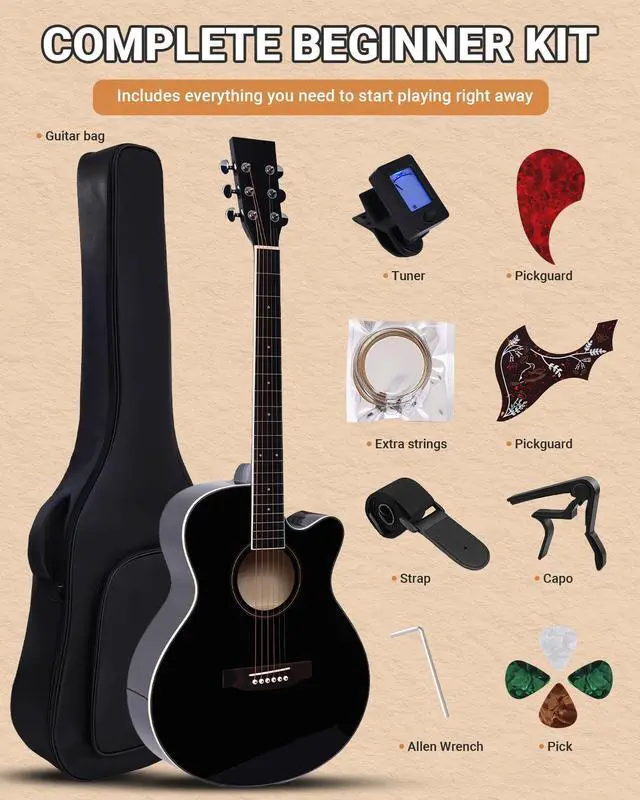 Alt view image 7 of 7 - 41" Acoustic Guitar for Beginners Adult Full Size Cutaway Guitarra Acustica Bundle with Gig Bag, Tuner, Strap, Strings, Picks,Capo, Black