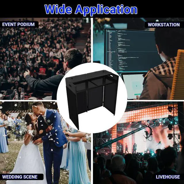 Alt view image 6 of 7 - DJ Facade Booth with Double Top Desktop,DJ Booth Table Station | Black & White Scrims, Detachable DJ Table, Carrying Bag, Foldable Metal Frame DJ Booth Panel for Show, Wedding, Clubs