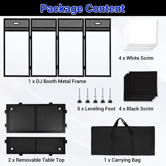 Alt view image 7 of 7 - DJ Facade Booth with Double Top Desktop,DJ Booth Table Station | Black & White Scrims, Detachable DJ Table, Carrying Bag, Foldable Metal Frame DJ Booth Panel for Show, Wedding, Clubs