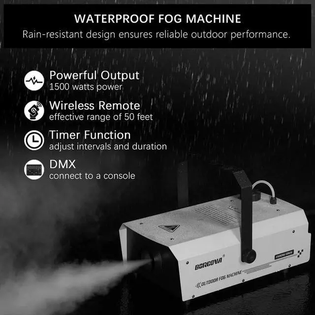 Alt view image 3 of 7 - 1500W Waterproof Fog Machine DMX Wireless Remote Stage Smoke Maker | 1.3L Tank, LCD Adjustable Settings, 3-4 Min Warm-Up, Outdoor Rainproof, For Halloween Parties Concert Events