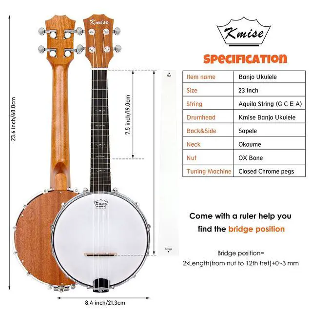 Alt view image 4 of 7 - Banjo Ukulele Concert Size 23 Inch With Bag Tuner Strap Strings Pickup Picks Ruler Wrench Bridge (Beige)