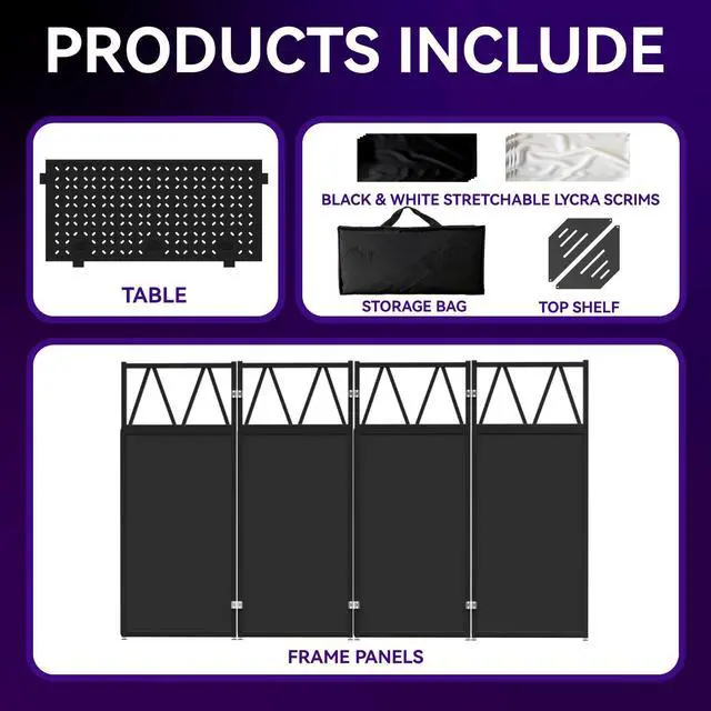 Alt view image 6 of 7 - Portable DJ Booth Stand, 40" x 20" x 45" Foldable DJ Table with 8-Piece Black & White Lycra Scrim Facade, 200lbs Capacity Metal Event Booth with Corner Shelves, Cable Ports & Carry Bag