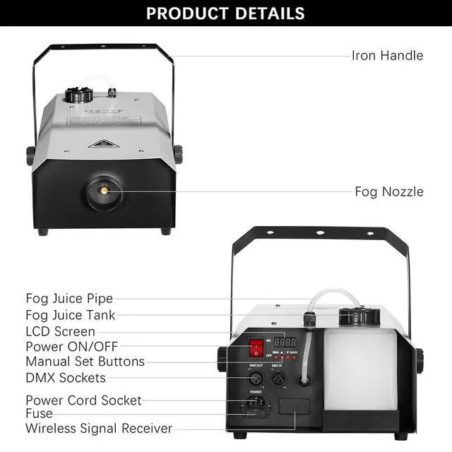Alt view image 5 of 7 - 1500W Waterproof Fog Machine DMX Wireless Remote Stage Smoke Maker | 1.3L Tank, LCD Adjustable Settings, 3-4 Min Warm-Up, Outdoor Rainproof, For Halloween Parties Concert Events