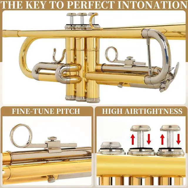 Alt view image 5 of 7 - Bb Standard Trumpet, Premium Brass Trumpets for Student Beginner, Trumpet Instrument Set with Upgraded Case, 7C Mouthpiece, Mute, Beginner's Guide Kit, Cleaning Kit (Gold & Nickel Plated)