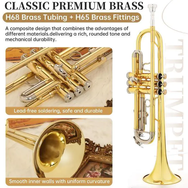 Alt view image 4 of 7 - Bb Standard Trumpet, Premium Brass Trumpets for Student Beginner, Trumpet Instrument Set with Upgraded Case, 7C Mouthpiece, Mute, Beginner's Guide Kit, Cleaning Kit (Gold & Nickel Plated)