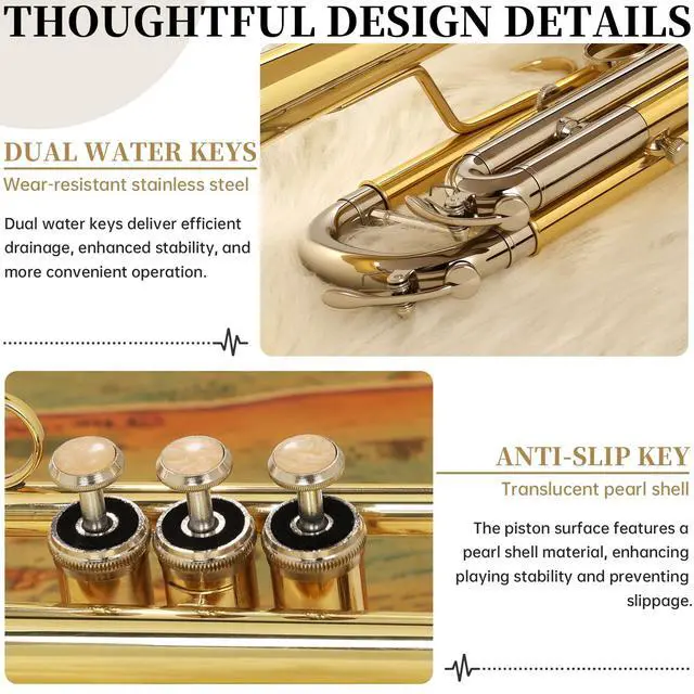 Alt view image 3 of 7 - Bb Standard Trumpet, Premium Brass Trumpets for Student Beginner, Trumpet Instrument Set with Upgraded Case, 7C Mouthpiece, Mute, Beginner's Guide Kit, Cleaning Kit (Gold & Nickel Plated)