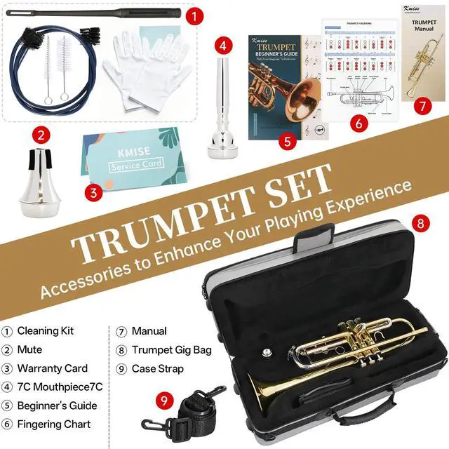 Alt view image 6 of 7 - Bb Standard Trumpet, Premium Brass Trumpets for Student Beginner, Trumpet Instrument Set with Upgraded Case, 7C Mouthpiece, Mute, Beginner's Guide Kit, Cleaning Kit (Gold & Nickel Plated)