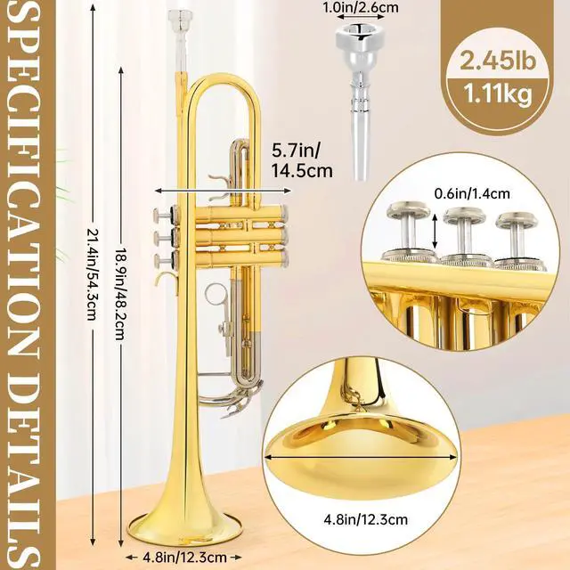 Alt view image 2 of 7 - Bb Standard Trumpet, Premium Brass Trumpets for Student Beginner, Trumpet Instrument Set with Upgraded Case, 7C Mouthpiece, Mute, Beginner's Guide Kit, Cleaning Kit (Gold & Nickel Plated)