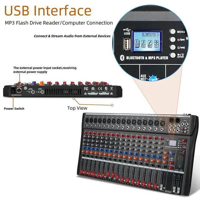 Alt view image 2 of 7 - Depensheng DX16 DJ Sound Controller Interface w/USB Drive for Computer Recording 16-Channel Studio Audio Mixer - XLR Microphone Jack, 48V Power, RCA Input/Output for Professional and Beginners