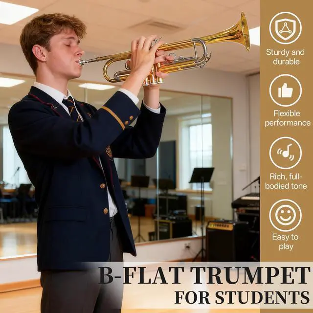 Alt view image 7 of 7 - Bb Standard Trumpet, Premium Brass Trumpets for Student Beginner, Trumpet Instrument Set with Upgraded Case, 7C Mouthpiece, Mute, Beginner's Guide Kit, Cleaning Kit (Gold & Nickel Plated)